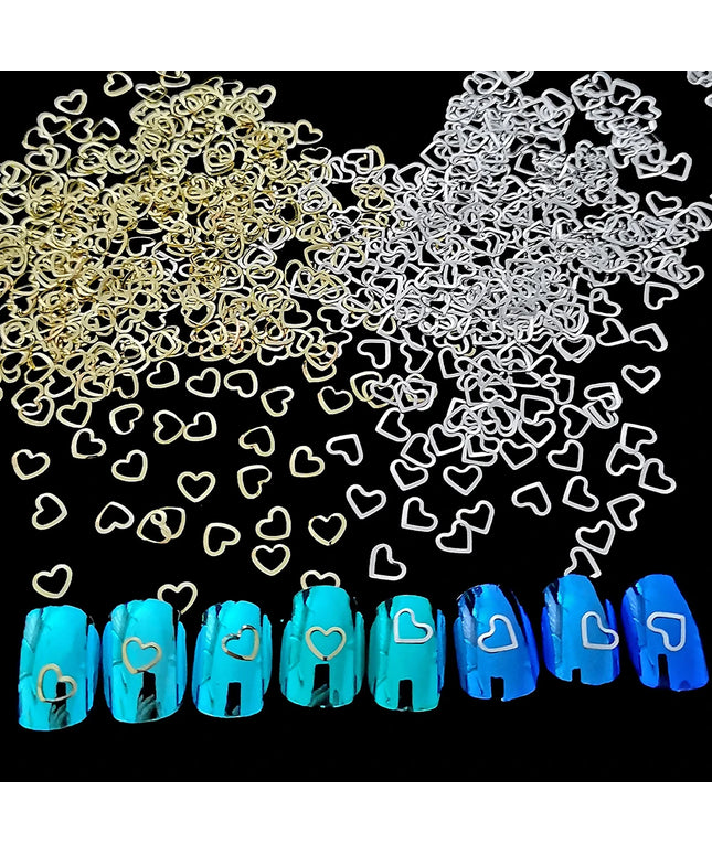100pcs Shimmering Gold Heart Nail Studs Silver Nail Art Charms Star Metal Nail Decals DIY 3D Nail Decorations for Women & Girls