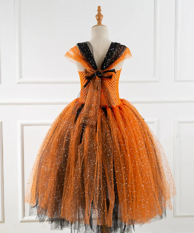 Sparkly Vampire Bat Halloween Costumes for Girls Kids Witch Long Tutu Dress Children Carnival Party Outfit Gold Black Ball Gown