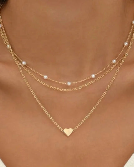 FTCY 3pcs Women's Pearl Necklace Set 14K Gold Fashion Love Heart Pendant Waterproof Hypoallergenic Collarbone Neck Chain Jewelry