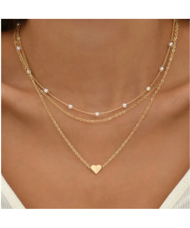 FTCY 3pcs Women's Pearl Necklace Set 14K Gold Fashion Love Heart Pendant Waterproof Hypoallergenic Collarbone Neck Chain Jewelry