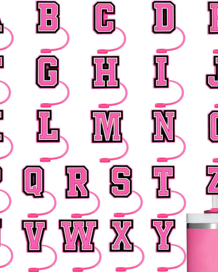 10mm Pink Letter Straw Cover Caps 1PCS Accessories For Cups,Soft Silicone Alphabet Straw Topper Drinkware,Dustproof Straw Caps