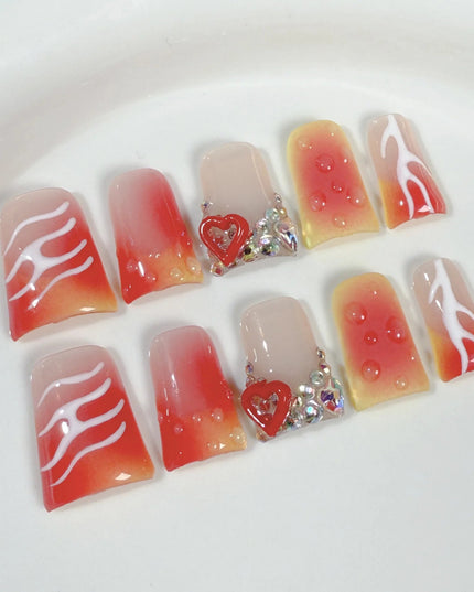 10pcs Handmade Press On Nail Gradient Vitality Orange French Style Fake Nails Y2k Star 3D Carving Flower Decor Summer False Nail
