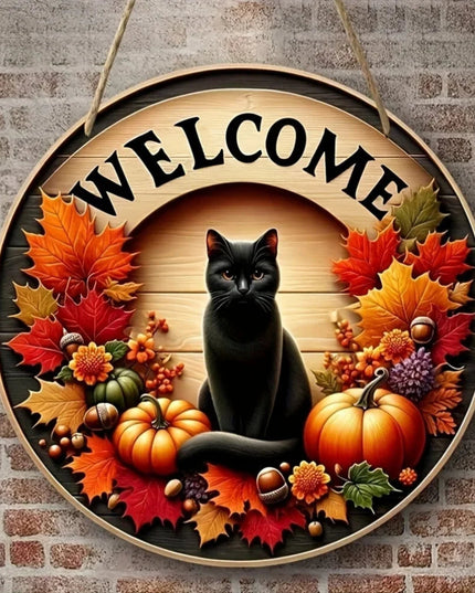1pc 20cm Round Autumn Welcome Sign, Black Cat & Pumpkin Design, Fall - Themed Hanging Decor for Home Entrance