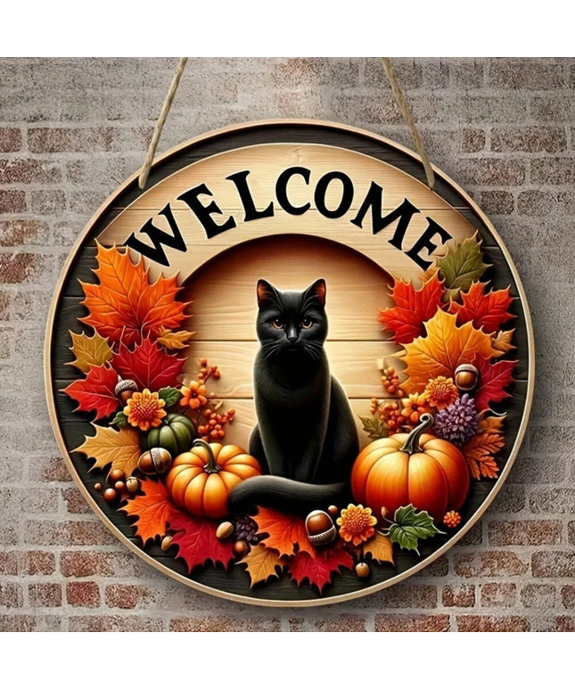 1pc 20cm Round Autumn Welcome Sign, Black Cat & Pumpkin Design, Fall - Themed Hanging Decor for Home Entrance