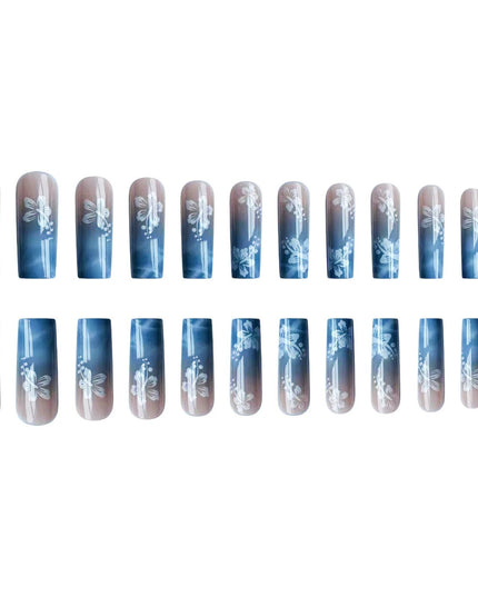 24pcs Y2k Summer Sea Blue Gradient Fake Nails With Water Ripples Designs Long Square Coffin False Nails Set Press On Nail Tips