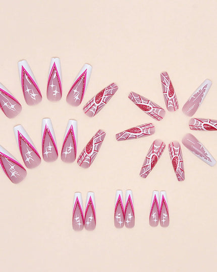 Pink Long Fake Nails with Spider Web Printed Charming Comfortable to Wear Manicure Nails for Women and Girl Nail Salon