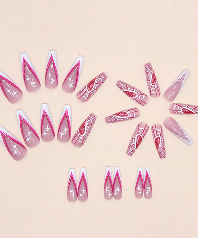 Pink Long Fake Nails with Spider Web Printed Charming Comfortable to Wear Manicure Nails for Women and Girl Nail Salon