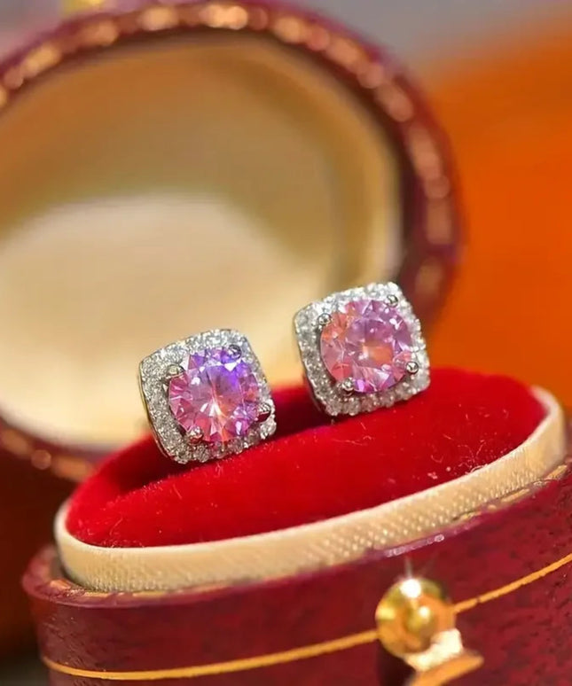 925 Silver Plating. 1 Carat Pink Moissanite* 2, Fashionable Earrings for Men and Women