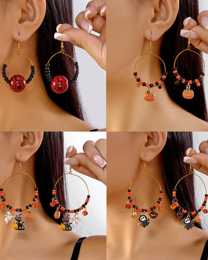 Halloween Cat Pumpkin Ghost Dangle Earrings for Women Fashion Crystal Beaded Round Circle Hoop Earrings Halloween Party Jewelry