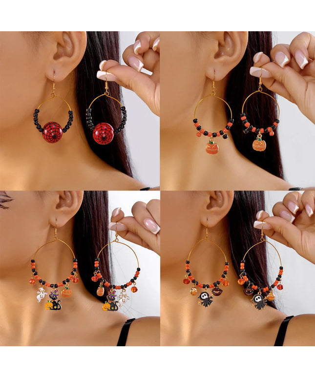 Halloween Cat Pumpkin Ghost Dangle Earrings for Women Fashion Crystal Beaded Round Circle Hoop Earrings Halloween Party Jewelry