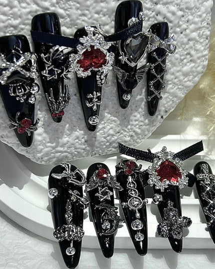 Menhera Y2K Spice Girls Black Red Long Tip Handmade Press On Nails Cross Spider Love Diamond Fake Nails Bow Cool Dark Nail Art