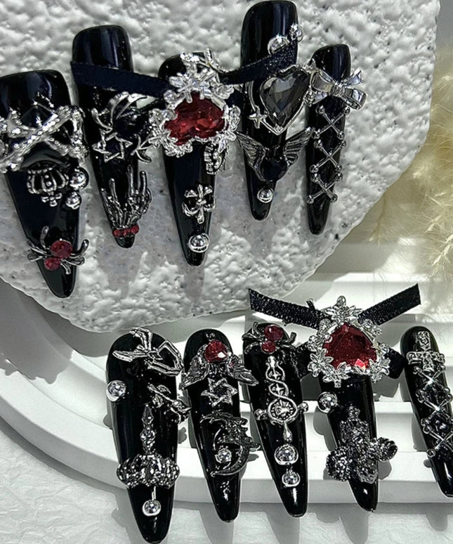 Menhera Y2K Spice Girls Black Red Long Tip Handmade Press On Nails Cross Spider Love Diamond Fake Nails Bow Cool Dark Nail Art