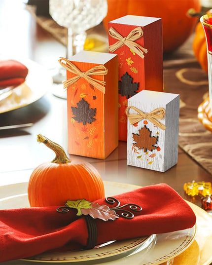 Rustic Autumn Tabletop Decor Set with Wooden Standing Blocks and Letter Print Signs for Tiered Trays 3 Pieces