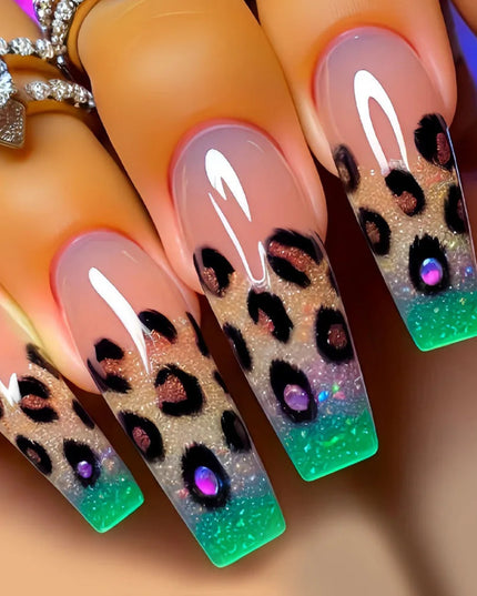 Medium long fake nails for women girls Y2K colorful gradient leopard print Pink green coffee coffin tips press on false nail set