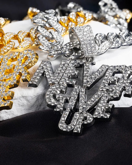 Hip Hop Men Women NEVER GIVE UP Letter Pendant Necklace Iced Out Bling Crystal 13mm Cuban Link Chain Necklaces Rock Jewelry Gift