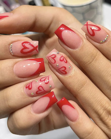 24pcs French Press on Nails Red Love Pattern False Nails Wearable Stick-on Nails Fake Nail Uñas Postizas Накладные Ногти 네일팁