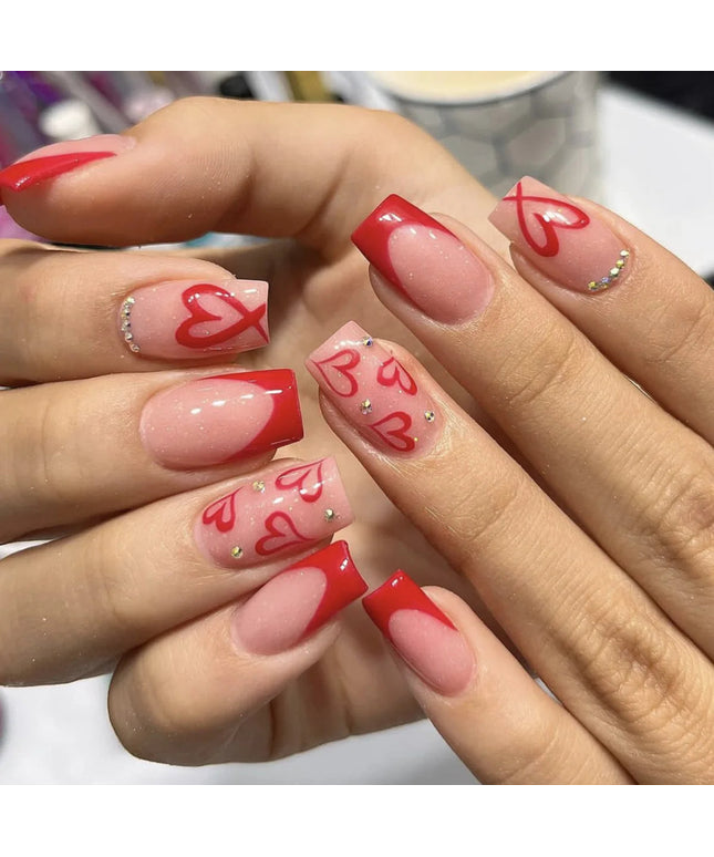24pcs French Press on Nails Red Love Pattern False Nails Wearable Stick-on Nails Fake Nail Uñas Postizas Накладные Ногти 네일팁