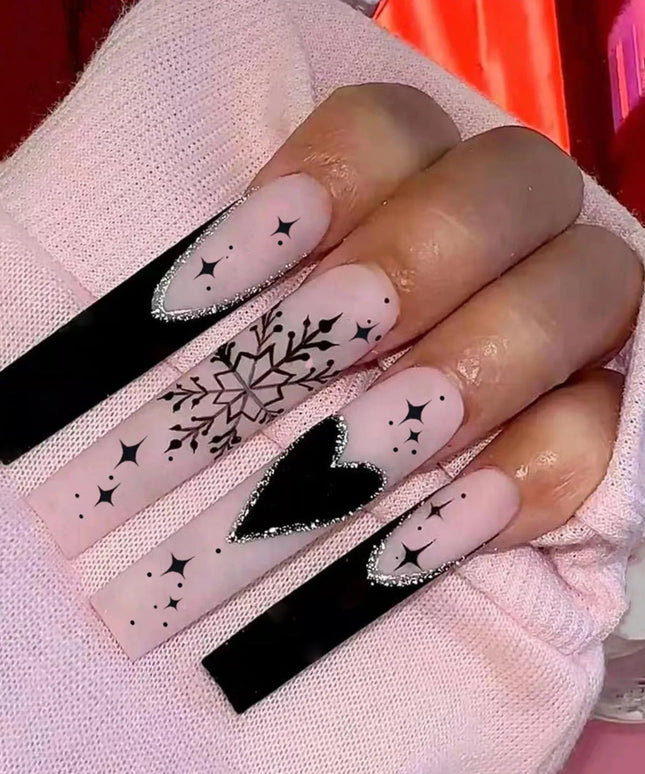 Ultra-long Matte Pink False Nail Sweet Cool Style Christmas Snowflake Artificial Nail for Women and Girl Party Activity