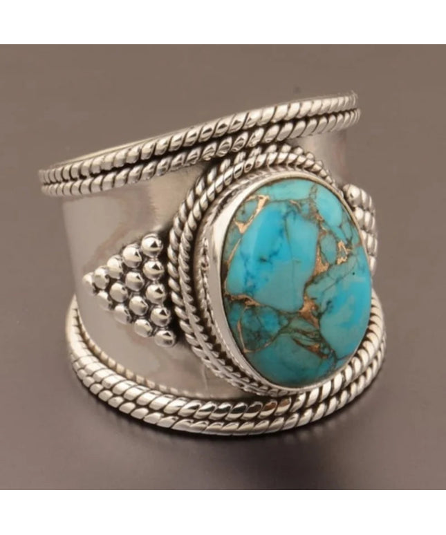 Blue Copper Turquoise Ring ~ Handmade Women Wide Band Turquoise Ring ~ Boho Statement Ring ~ Anniversary Ring