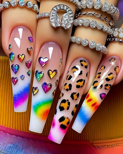 Medium long fake nails for women girls Y2K colorful gradient leopard print Pink green coffee coffin tips press on false nail set