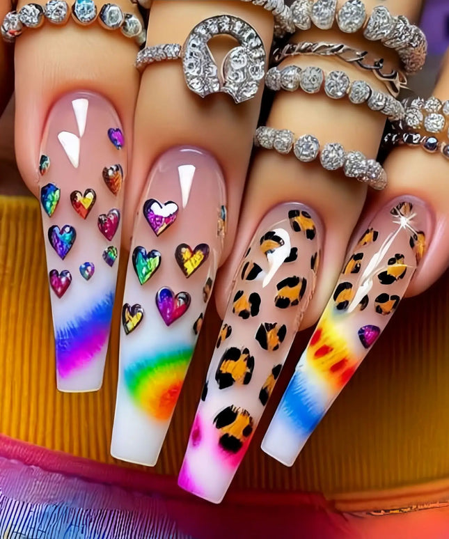 Medium long fake nails for women girls Y2K colorful gradient leopard print Pink green coffee coffin tips press on false nail set