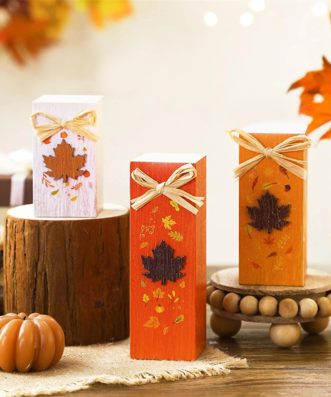 Rustic Autumn Tabletop Decor Set with Wooden Standing Blocks and Letter Print Signs for Tiered Trays 3 Pieces