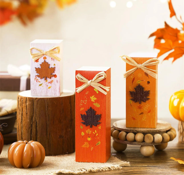 Rustic Autumn Tabletop Decor Set with Wooden Standing Blocks and Letter Print Signs for Tiered Trays 3 Pieces