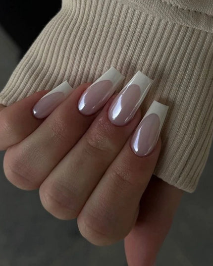 24pcs White French Chrome Press on Nails Medium Coffin Fake Nails Glitter Diamond Pearls False Nails Pink Bowknot Heart Nail Art