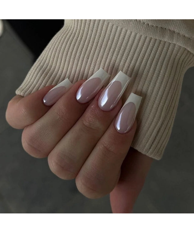 24pcs White French Chrome Press on Nails Medium Coffin Fake Nails Glitter Diamond Pearls False Nails Pink Bowknot Heart Nail Art