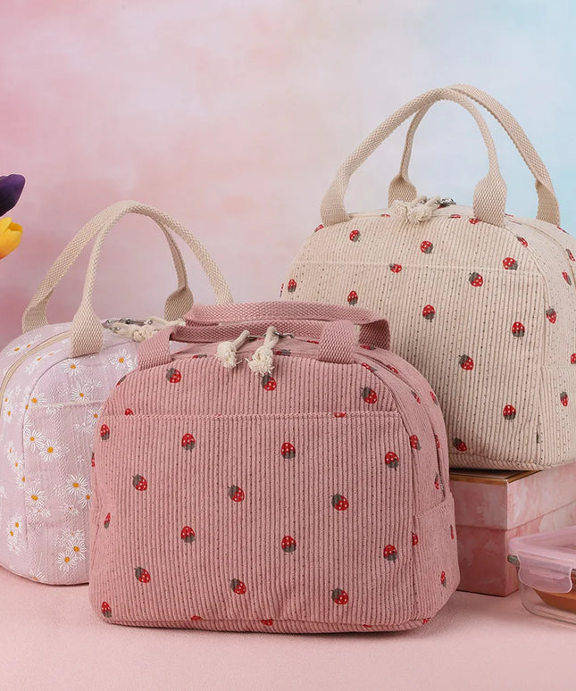 Strawberry/Daisy Corduroy Lunchbox Container Large Capacity Insulated Lunch Bag Multi-Function Cute Lunch Bag for Office School
