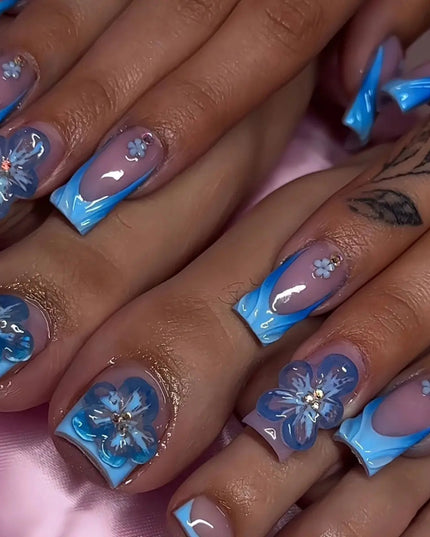 48pcs Sweet Summer Press on Nails Set Ins Beach Wearable French False Toenails Reusable Sweet Korean Flower Print Fake Nail Tips