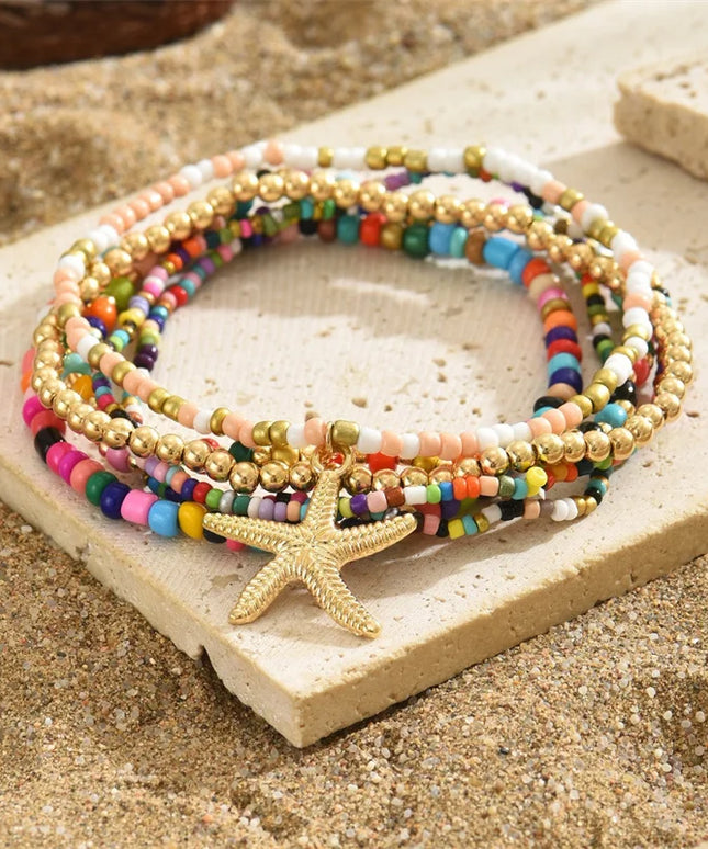Colorful Starfish Pendant Rice Beads Beaded Anklet for Women Summer Fashion Multi-layer Bracelet Anklet Bohemian Leg Jewelry