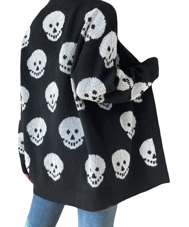 Women s Halloween Casual Knit Cardigan Long Sleeve Open Front Skull Print Knitwear Sweater
