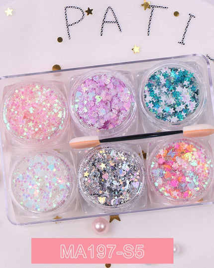 6 jars/set Eyeshadow Glitter Gel Cream Face Hair Body Nail Glitter Gel Heart Star Moon Loose Sequins Festival Makeup Decorations
