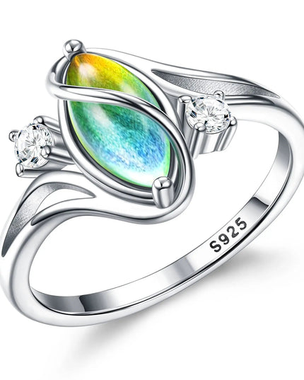 Fansilver 925 Sterling Silver Mood Rings for Women Cubic Zirconia Accents 18K Gold Plated Oval Solitaire Statement Silver Rings