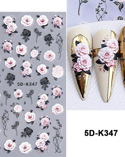 Red Rose Flower Nail Art Stickers 5D Embossed Self-Adhesive Spring Flowers Leaves Design Decals for Women Valentine Decoration