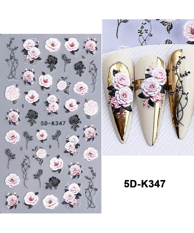 Red Rose Flower Nail Art Stickers 5D Embossed Self-Adhesive Spring Flowers Leaves Design Decals for Women Valentine Decoration