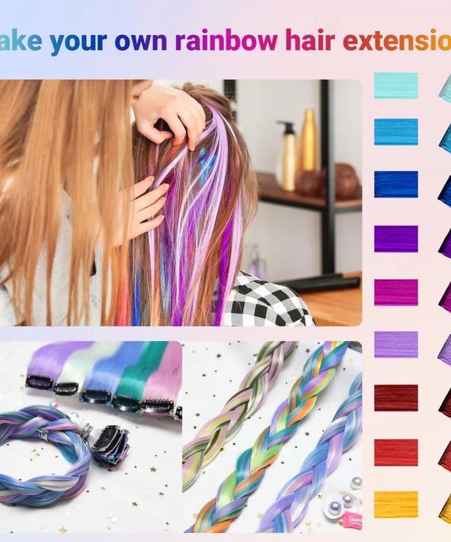 Multi-colors  Clip in Synthetic Hair Extensions 22 inch Rainbow Hairpieces for Girls Women Kids Favor Gift(Colorful Set)