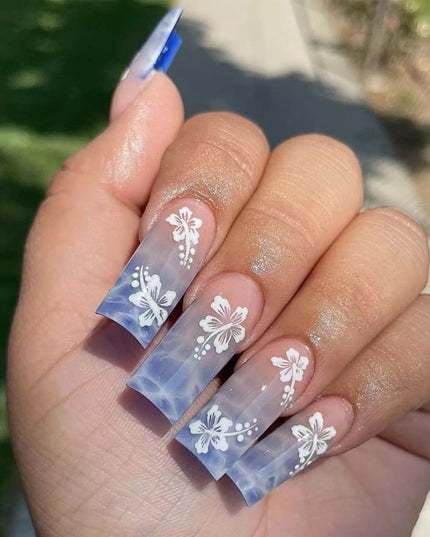 24pcs Y2k Summer Sea Blue Gradient Fake Nails With Water Ripples Designs Long Square Coffin False Nails Set Press On Nail Tips