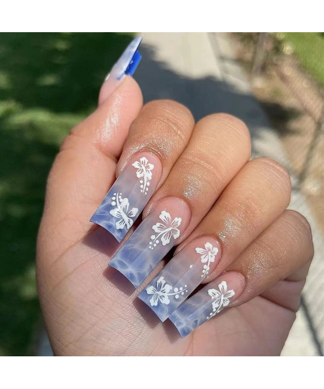 24pcs Y2k Summer Sea Blue Gradient Fake Nails With Water Ripples Designs Long Square Coffin False Nails Set Press On Nail Tips