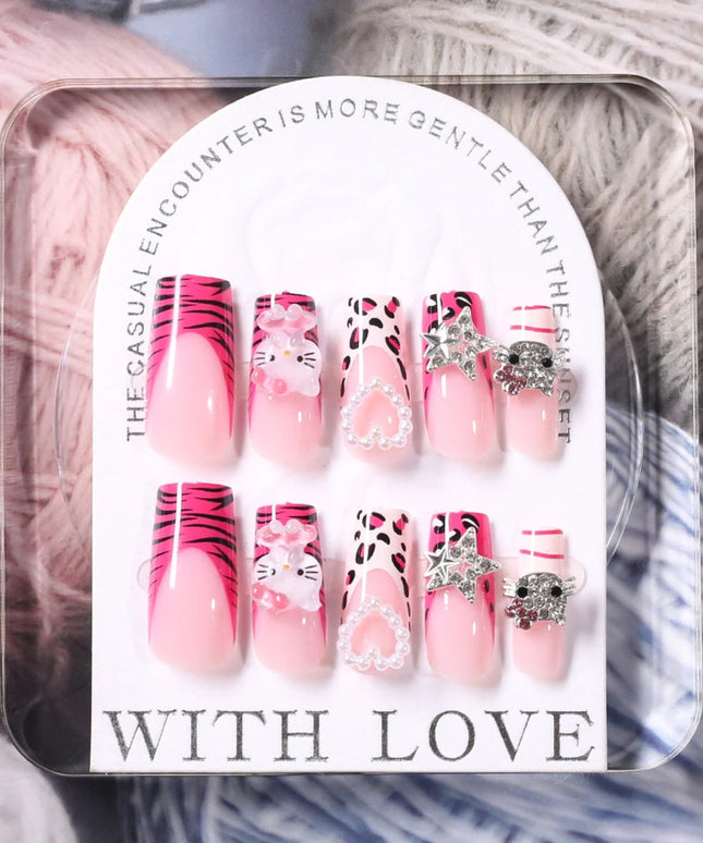 24Pcs Pink French Leopard Hello Kitty False nails 3D Y2k Star Heart Kitty Cat Rhinestones Press On Nails Cute Cartoon Fake Nails