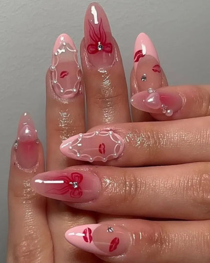 24pcs Almond False Nails Tips Summer Beach Colorful Nails Sets with Pearl Flower Design Press on Nails Art Wearable Fake Nail