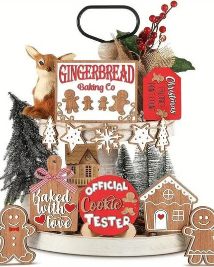 12-Piece Wooden Christmas Tiered Tray Set: Featuring Colorful Snowmen, Gingerbread, and Santa Signs for Festive Cheer