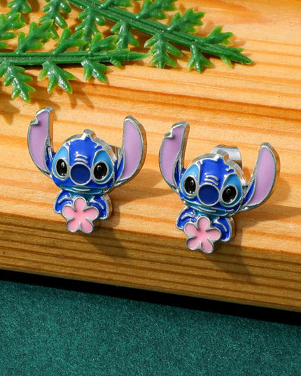 Disney-Cute Cartoon Stitch with Flower Stud Earrings for Women and Teen Girls, Lovely Ear Accessories, Jewelry Gifts for Fans