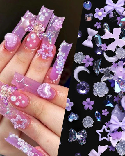 100/200pcs 3D Mixed Nail Decorations Kawaii Heart Flower Bear Pearl Design Rhinestone Nail Art Charms Jewelry Manicure Accessory