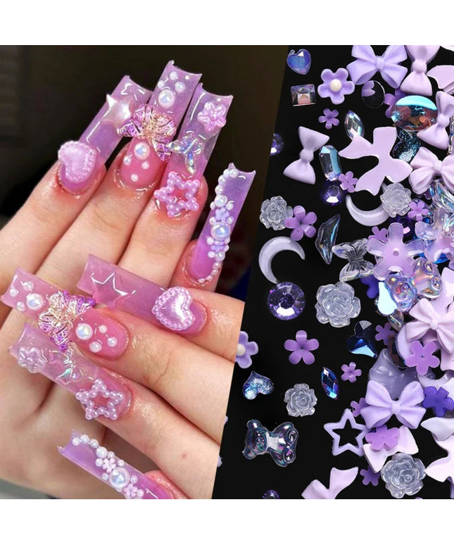 100/200pcs 3D Mixed Nail Decorations Kawaii Heart Flower Bear Pearl Design Rhinestone Nail Art Charms Jewelry Manicure Accessory