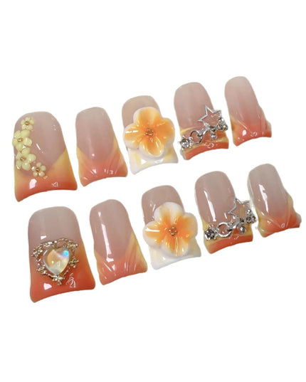 10pcs Handmade Press On Nail Gradient Vitality Orange French Style Fake Nails Y2k Star 3D Carving Flower Decor Summer False Nail