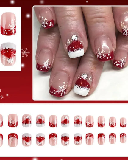 Christmas Nails Red White French Tip Press on Nails Short Fake Nails Glitter Xmas Hat Snow Full Cover False Nails Winter Snowfl
