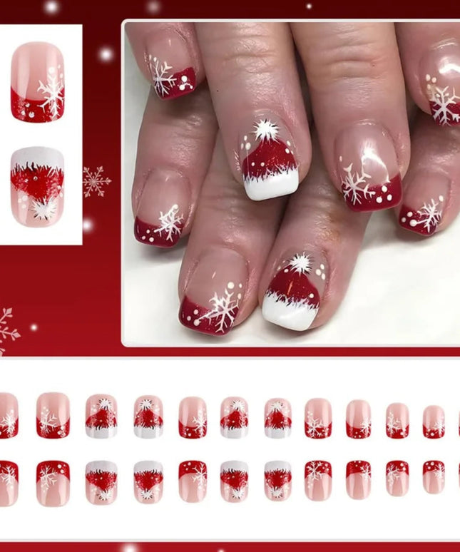 Christmas Nails Red White French Tip Press on Nails Short Fake Nails Glitter Xmas Hat Snow Full Cover False Nails Winter Snowfl