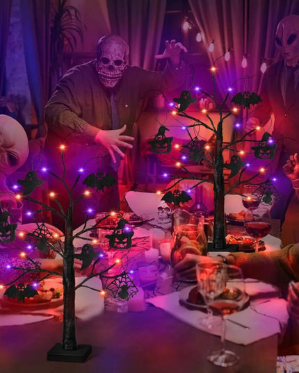 Halloween Decorations Indoor 2 Pack 24 Inch Black Halloween Tree with 24 LED Orange Purple Lights, USB/Battery Operated Hallowee